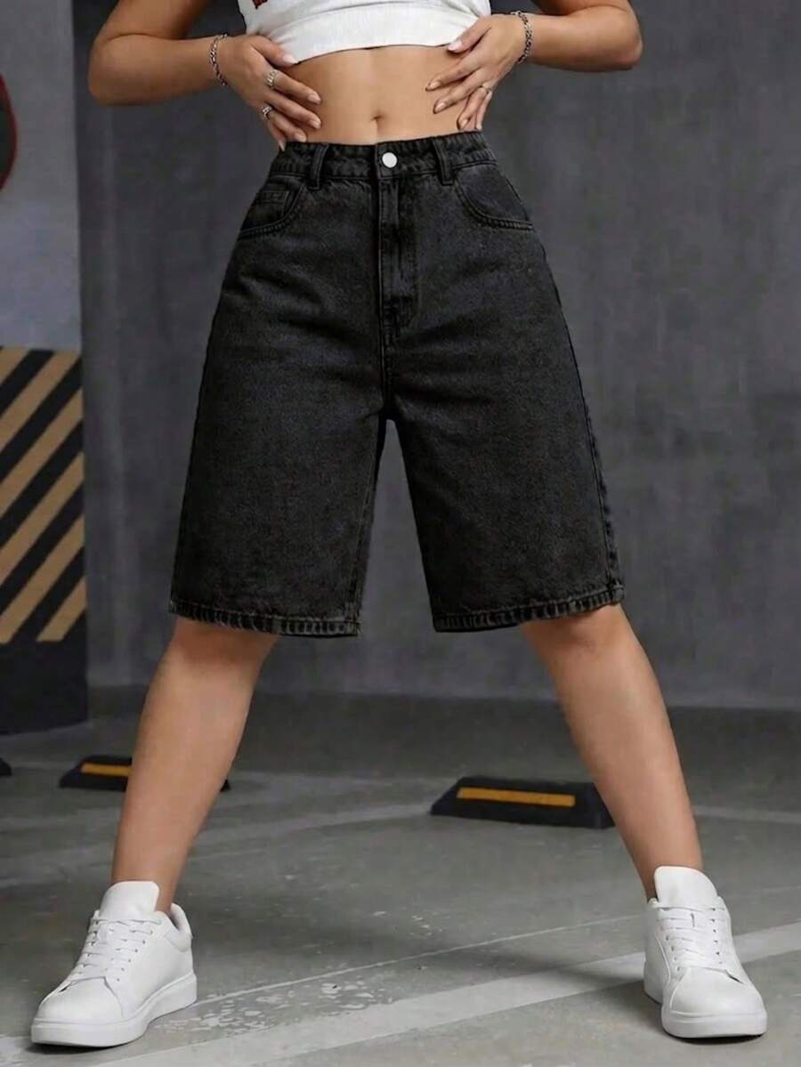 女款休閒街頭風中腰寬鬆彈性牛仔短褲 黑色 夏季 - 黑色 - 查看 1