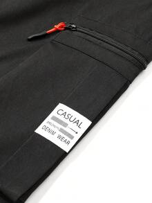 Celana Kargo Pria Model Lurus Longgar, Cepat Kering, Desain Resleting Merah dengan Banyak Saku, Celana Panjang Kasual yang Nyaman - Hitam - View 9