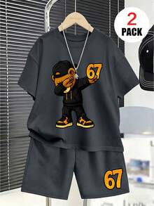 2pcs/Set Boys' Outfit, Loose Short Sleeve Top With Cartoon Bear And Number 67 Print + Sports Shorts, Comfortable And Soft, Suitable For Summer And Sports - Dark Grey - View 1
