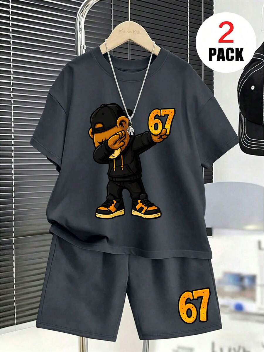 2pcs/Set Boys' Outfit, Loose Short Sleeve Top With Cartoon Bear And Number 67 Print + Sports Shorts, Comfortable And Soft, Suitable For Summer And Sports - Dark Grey - View 1