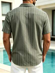 1pc Men's Summer Casual Striped Shirt, Green Linen Blend Short Sleeve Button-Down Shirt, Suitable For Summer Beach Vacation, Daily Commute And Weekend Street Wear, Men's Versatile Striped Shirt, Essential Fashion Item For Men, Practical Gift For Men - Army Green - View 3