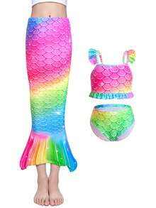 Girls Dopamine Summer Mermaid Tail Bikini Set, Fish Scale Print Ruffle Strap 3 Pieces Set - Multicolor - View 3