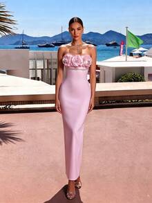 Elegant Strapless Rhinestone Buckle 3D Floral Long Knit Bandage Party Dress - Baby Pink - View 4