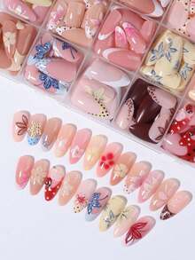 24pcs Long Almond Shape Press-On Nails, 3D Gel Flower And Polka Dot Pattern, Decorated With Small Steel Beads, Acrylic Artificial Nails - Multicolor - View 7