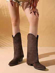 Black Slimming Multi-Color New Ruched High Tube Boots 2025 Autumn/Winter New Pointed Toe Chunky Heel High Heel Slim Knee-High Long Boots For Women - Coffee Brown - View 6