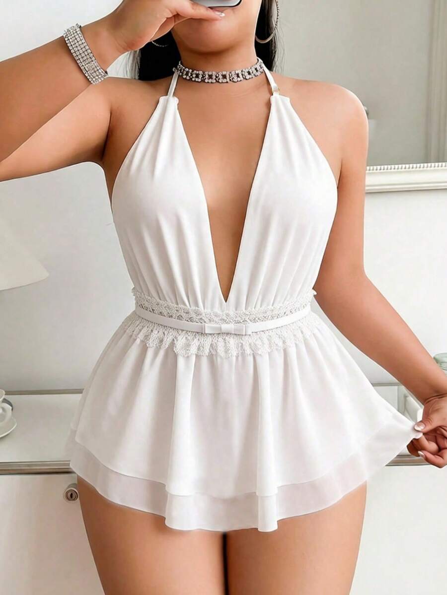 Spring/Summer French Sexy Style Lace Trim Deep V Halter Neck Nightgown, Comfortable Soft Home Style, Selected Gift, Romantic Couple Night - White - View 1