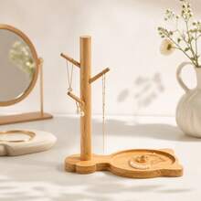 Natural Bamboo Jewelry Tree Stand With Integrated Tray For Necklaces, Bracelets And Keys, Decorative Tabletop Accessory Organizer, 29x27x15cm - Yellow - View 1