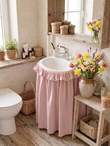 1pc Khaki Plaid Washbasin Skirt, Bright And Lively Style, Fabric With Washed Texture, Round Shape With Top And Bottom Ruffle Hem, Pleated Details, Concealing Washbasin Storage And Decorative Function, Suitable For Bathroom Daily Arrangement And Warm Tone Home Decor Scenes - Khaki - View 1