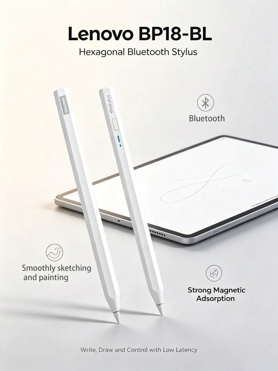 Lenovo Pulpen Stylus Heksagonal Kapasitif BP18BL, Universal untuk Android dan Apple, Anti-Salah Sentuh Layar Penuh untuk Penulisan yang Lancar, Pengoperasian Cepat Satu Tombol, Daya Tahan Baterai Lama dan Pengisian Daya yang Nyaman, Tampilan Baterai Real-Time, Putih - View 1