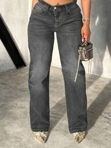 Celana Jeans Boyfriend Wanita Model Lurus Longgar Gaya Vintage dengan Efek Lusuh - Grey - View 3