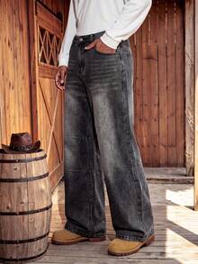 Men's Vintage Grey Gradient Cat Whisker Wide Leg Jeans, Black-Grey Gradient Distressed Washed Double Layer Horizontal Panel Stitching, Casual Versatile Denim Pants - Grey - View 3