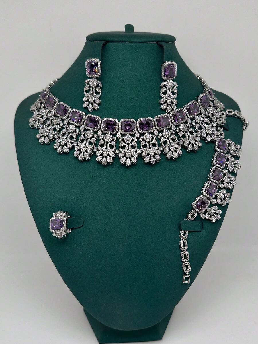 Middle East Dubai Luxury Pearlescent Heavy Work White Zirconia 4-Piece Jewelry Set, Pakistan Saudi Arabia Bridal Party Jewelry Set, Wedding Accessories Gift - Purple - View 1