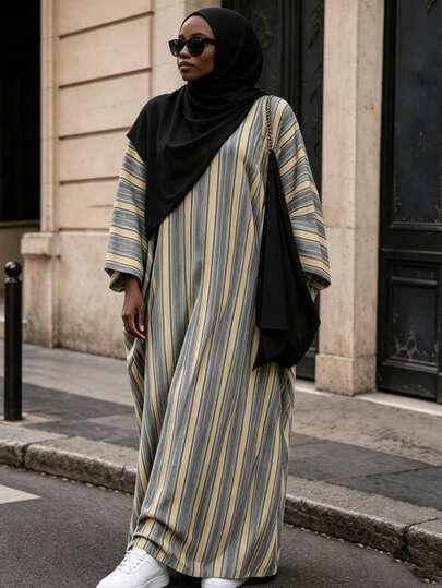 Women's Striped Abaya, Loose Batwing Sleeve Long Dress, Casual Modest Muslim Clothing