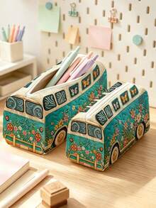 Campus Style Bus Forest Butterfly Pattern Pencil Case/Stationery Storage Bag - Multi-Functional Large Capacity Design, Can Be Used To Store Office Supplies, Creative Multi-Functional Pen Box Or Portable Travel Makeup Bag, Suitable For Students And Adults Daily Use, Meets Stationery Storage, Daily Organization, Overnight Travel, Vacation And Gym Storage Needs, Back To School Dorm Essential (2D Pattern, Not Embroidered) - Multicolor - View 2