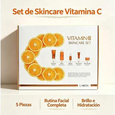 LAIKOU Vitamin C Skincare Set de Viaje de 5 piezas, Limpiador Facial Suave, Tónico, Sérum, crema para el contorno de ojos, crema facial