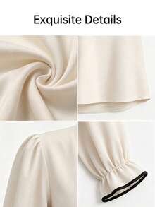 abyoxi V Neck Contrast Black Trim Blouse Women Elegant Puff Long Sleeve Flare Cuff Satin Shirt Casual Office Daily Wear Chic Loose Fit Tops - Apricot - View 3
