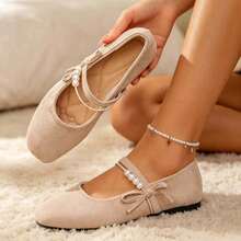 Women's Faux Pearl Decor Daily Wear Versatile Fashion Flat Shoes - Apricot - View 11
