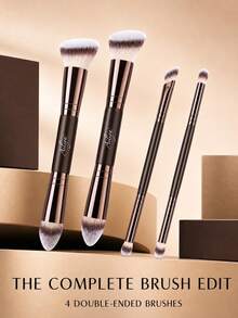 Ailiya 4-Piece Double-Ended Makeup Brush Set, 2 Large Face Brushes And 2 Detail Brushes With Angled, Curved And Rounded Heads, Brown Handles, Rose-Gold-Tone Ferrules And Gradient Bristles For Base, Contour, Blending And Eye Makeup - Brown - View 3