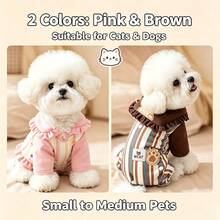 1pc Cute Bear Embroidery Pet , Ruffled Collar, Striped Pattern, Four-Legged Dog/Cat Outfit, Soft And Warm Pet Pajama Set, Suitable For Small And Medium Dogs And Cats, Now Available In Two Color Options - Brown - View 1