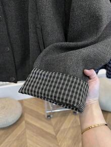 Autumn/Winter Fashion Women's Grey Stand Collar Single-Breasted Wool Blend Fabric Patchwork Cuff Plaid Short Jacket - Grey - View 5
