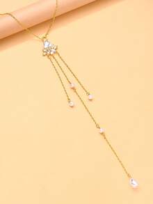 1pc European & American Style Bridal Rhinestone Body Chain For Women, Luxury Party Sexy Back Chain Accessory - Gold - View 4