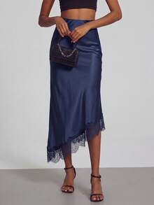 Rok Asimetris Bertekstur Satin dengan Sambungan Renda Se-Helo untuk Perjalanan Harian / Sederhana dan Elegan / Nyaman dan Kasual - Navy Blue - View 2
