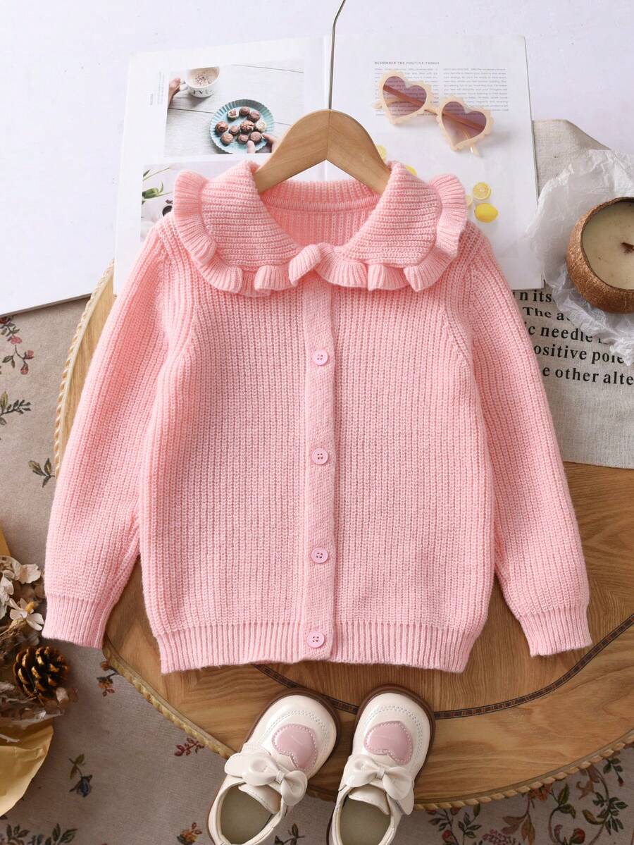 Girls Cute Solid Color Lace Collar Long Sleeve Knitted Cardigan Sweater, Suitable For Casual Daily Wear In Spring, Autumn And Winter - Pink - View 1