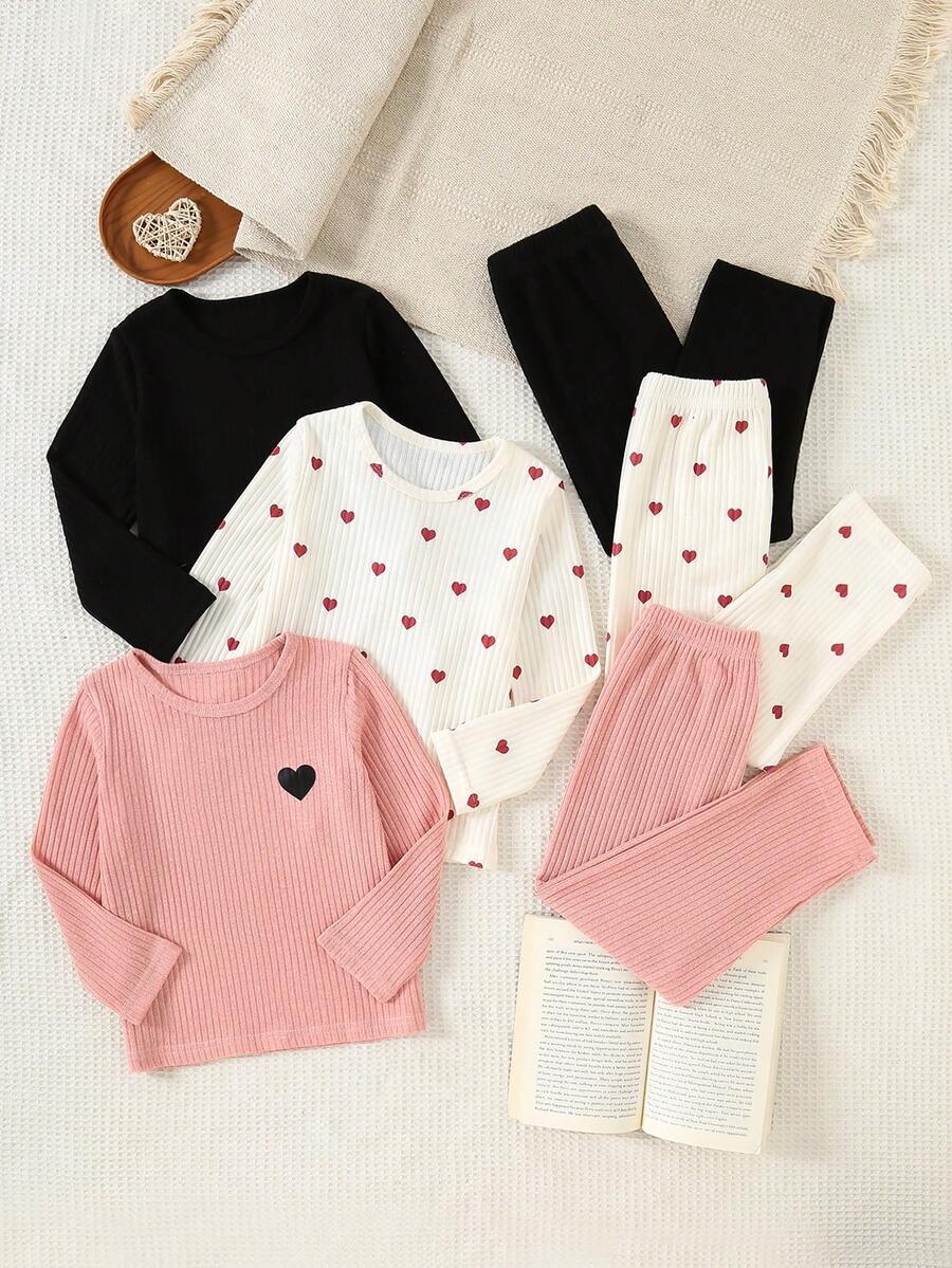 Conjunto de 6 piezas para niñas: Camiseta de manga larga con cuello redondo de unicolor acanalado y estampado de corazones, y pantalones multicolor. Conjunto de manga larga lindo para primavera/otoño para niñas - Multicolor - Ver 1