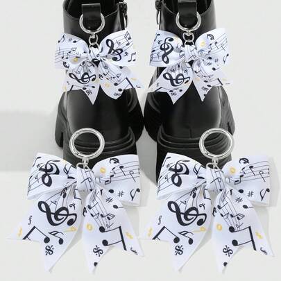 Music Symbol Satin Bow Bag Charm, Treble Clef Printed Ribbon Keychain, DIY Decorative Accessory For Girls' Outfits, Boots, And Backpacks