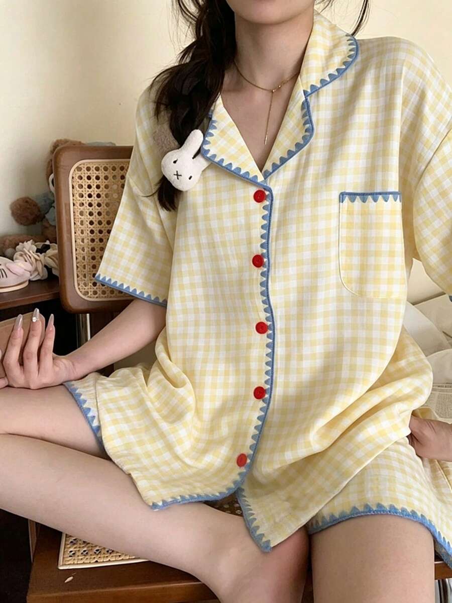 2pcs Women's Lapel Cardigan Pajama Set, Top With Front Pocket Design, Plaid Print Short Sleeve And Shorts, Casual Japanese/Korean Style, Easy Care Fabric - Yellow - View 1
