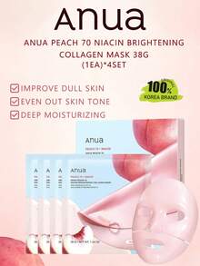 Anua Peach 70 菸鹼美白膠原蛋白面膜,美白面膜,保濕光澤,膠原蛋白護理,適用於所有膚質,K-Beauty,韓國彩妝,Olive Young,禮品,38g (1片)*4組 - Peach(4ea) - 查看 2