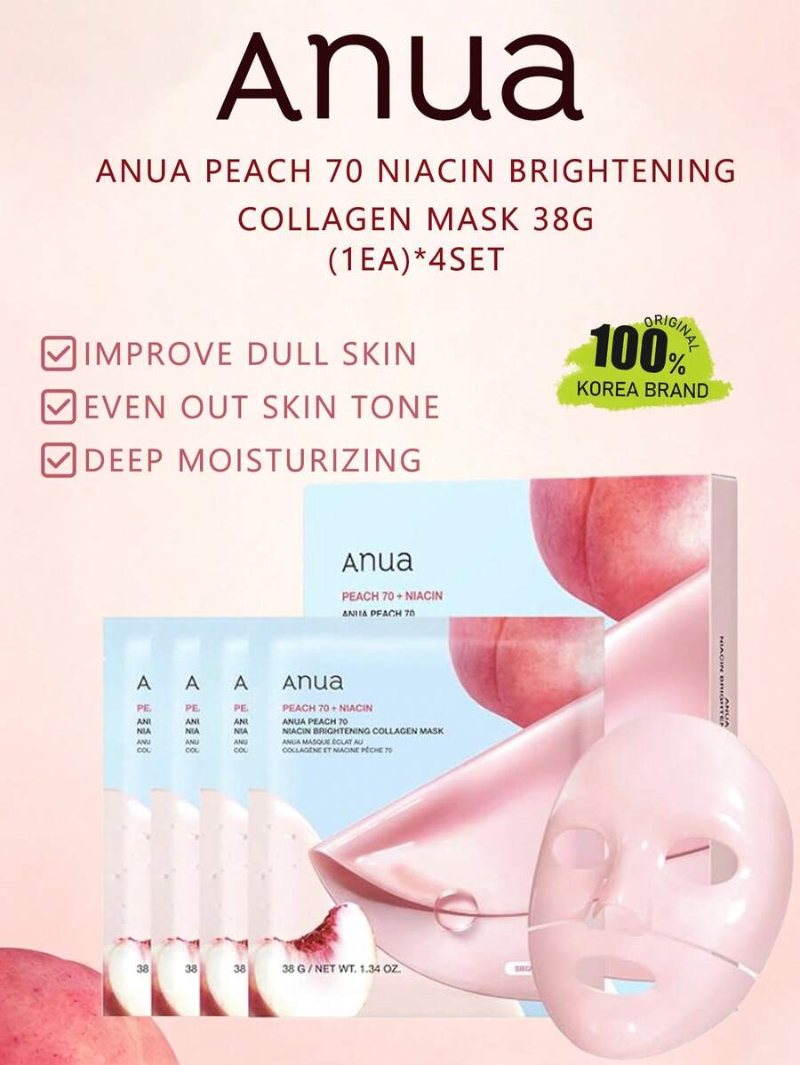 Anua Peach 70 菸鹼美白膠原蛋白面膜，美白面膜，保濕光澤，膠原蛋白護理，適用於所有膚質，K-Beauty，韓國彩妝，Olive Young，禮品，38g (1片)*4組