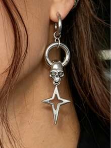 1 Pair Personalized Punk Hip-Hop Skull Cross Star Dangle Earrings, Stainless Steel Long Ear Hooks Sweet Cool Hot Girl Dark Gothic Women's Earrings, Suitable For Daily Wear, Party, Music Festival, Halloween, Jewelry Accessories - Silver - View 4