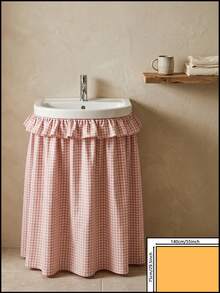 1pc Khaki Plaid Washbasin Skirt, Bright And Lively Style, Fabric With Washed Texture, Round Shape With Top And Bottom Ruffle Hem, Pleated Details, Concealing Washbasin Storage And Decorative Function, Suitable For Bathroom Daily Arrangement And Warm Tone Home Decor Scenes - Khaki - View 11