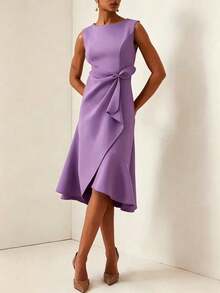 1pc Women's Solid Color Elegant Elegant Minimalist Sleeveless Round Neck Party Dress, Fashionable Casual Mid-Length Summer Dress Wedding Fall - Purple - View 3