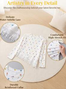 Tween Girl Autumn/Winter Sweet Casual Versatile Floral Pattern Asymmetric Lace Hem Round Neck Long Sleeve T-Shirt Base Layer, Suitable For Back To School, Daily Casual, Vacation - Multicolor - View 5