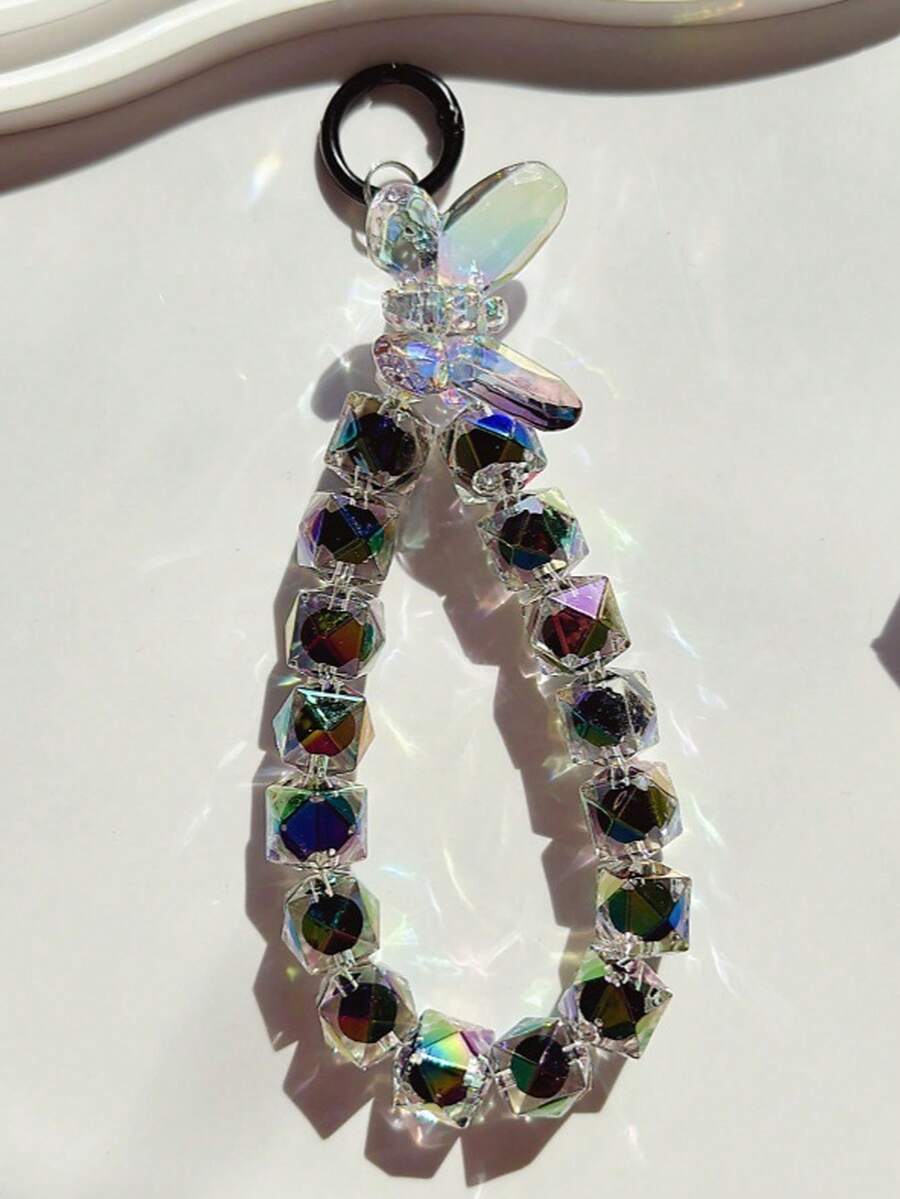 1pc Colorful Square Crystal Beaded Phone Wrist Lanyard, Butterfly Pendant Bead Chain With Spring Ring Clasp, Suitable For Phone Case, Keychain, Bag Pendant Daily Matching - Multicolor - View 1