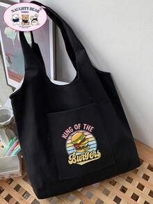 Fashionable Minimalist Versatile Cartoon Print Canvas Bag - Black - View 4