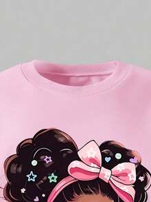 Young Girl Cartoon Print Round Neck Long Sleeve Top And Leggings - Pink - View 5