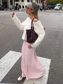 Autumn/Winter Fashion Round Neck Asymmetric Neck Elegant Commute Solid Color Casual Minimalist Short Soft Fluffy Long Hair White Sweater - White - View 2