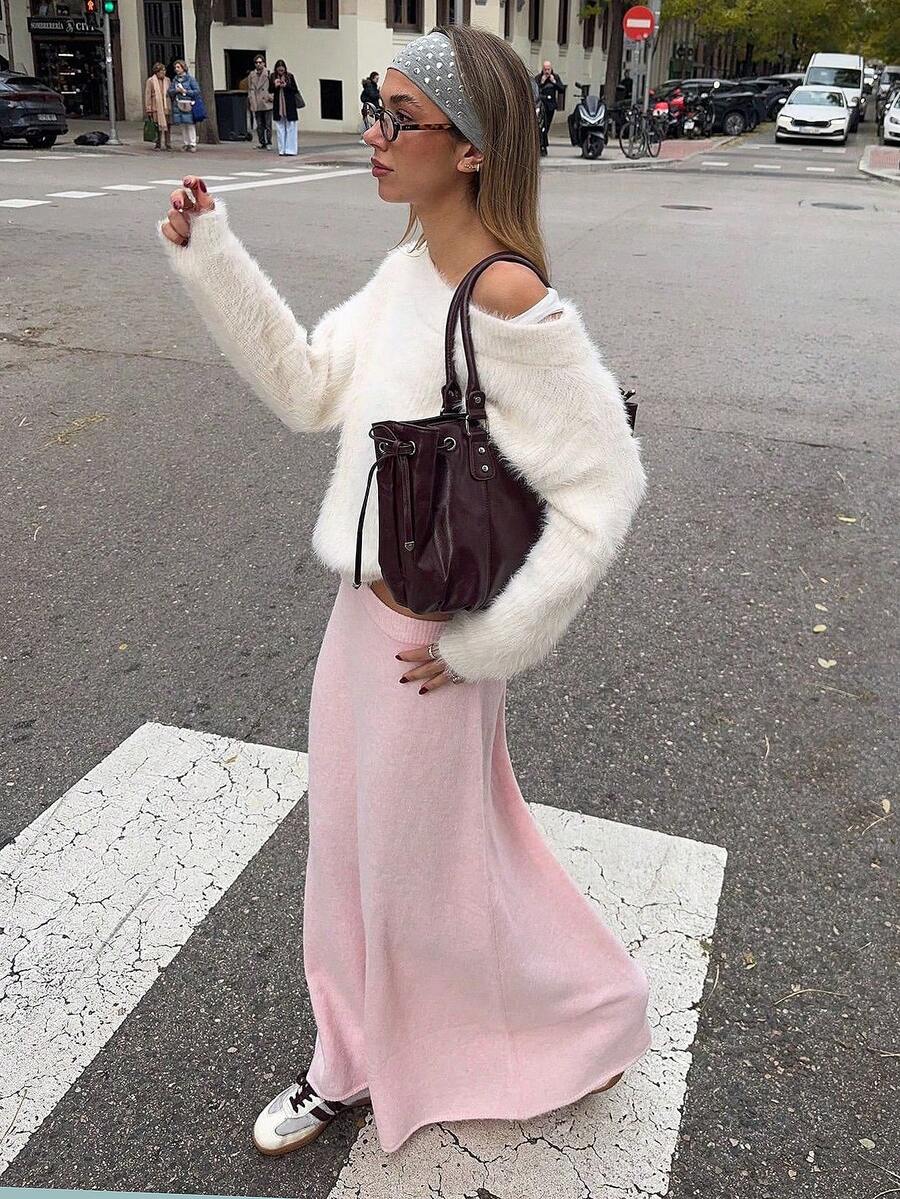 Autumn/Winter Fashion Round Neck Asymmetric Neck Elegant Commute Solid Color Casual Minimalist Short Soft Fluffy Long Hair White Sweater - White - View 1