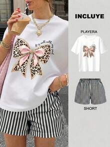 Women Two-Piece Outfits - 2 Playera Blanca con Short Rayas Negro con Blanco - View 1