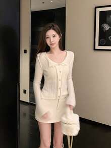 French Vintage Style Polo Collar Ruffle Trim Knit Cardigan Sweater For Women, Autumn/Winter Elegant Small Lapel - Apricot - View 5