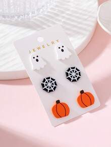 3 Pairs/Set Halloween Ghost Spider Pumpkin Design Women's Fashion Jewelry Earring Set, Perfect Decoration For Holiday Parties - Multicolor - View 3