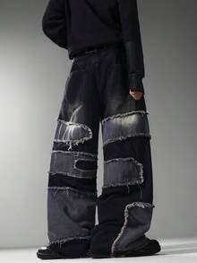 Men's Hong Kong Retro Patchwork Jeans, Ripped Wide Leg Loose Denim Pants, Street Fashion Long Trousers (No Belt/Accessories Included) - Black - View 6