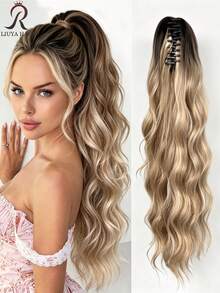 Dark Brown & Black Claw Ponytail Hair Extensions, Light Brown Base Color, 24 Inch Water Wave Heat Resistant Synthetic Fiber Ponytail Wig, Suitable For Women's Daily Use Short Hair Accessory - Multicolor - View 13