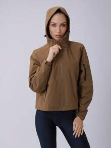 2026 New Women's Sports Jacket Loose Fit Fashion Outdoor Short Casual Jacket With Zipper Pockets On Arms, Drawstring Hem And Hood - Brown - View 5