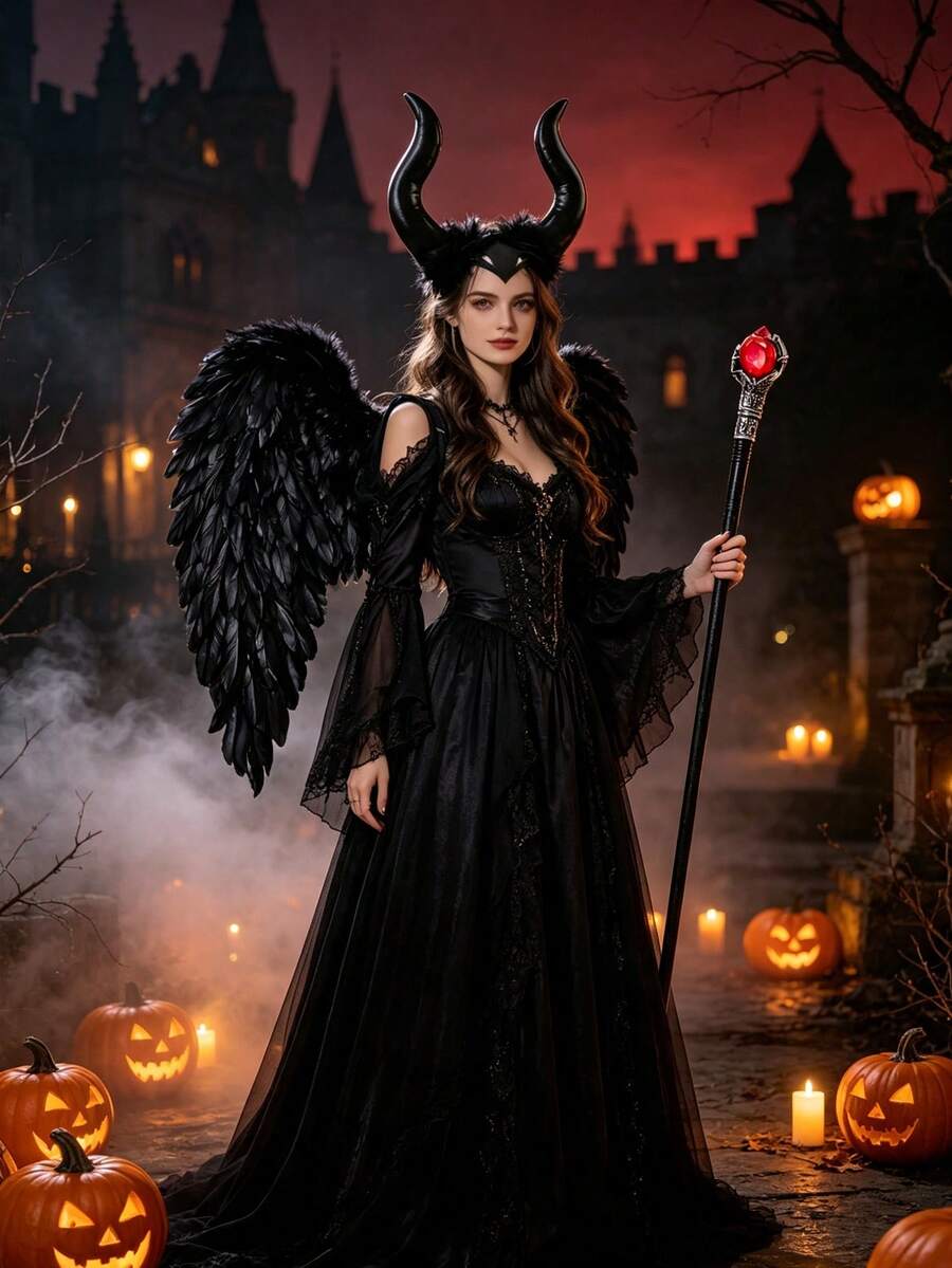 3pcs/Set Halloween Devil Costume, Includes Devil Horn Headband, Black Wings And Red Ball Scepter, Suitable For Halloween Events, Theme Parties And Cosplay - Multicolor - View 1
