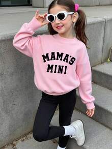 Young Girl Letter Print Crew Neck Long Sleeve Top And Leggings - Pink - View 1