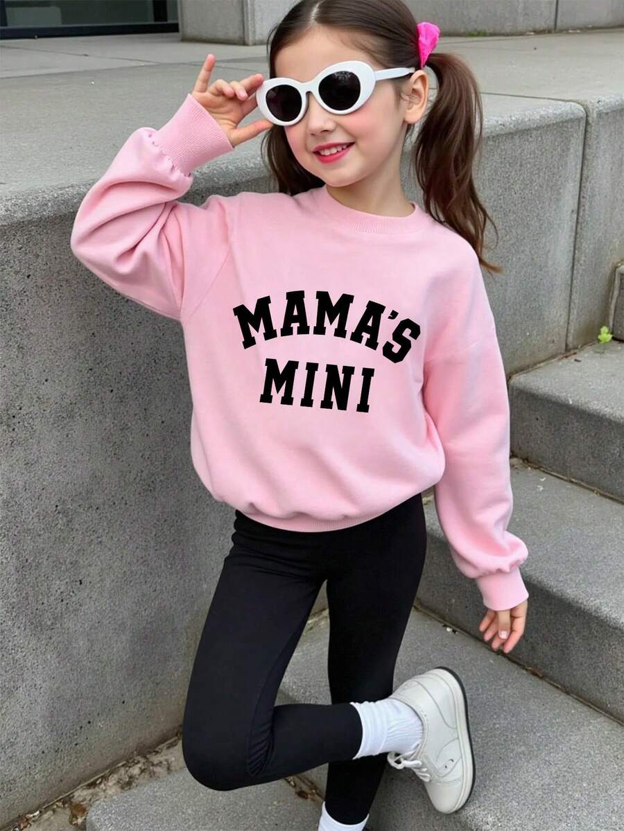 Young Girl Letter Print Crew Neck Long Sleeve Top And Leggings - Pink - View 1